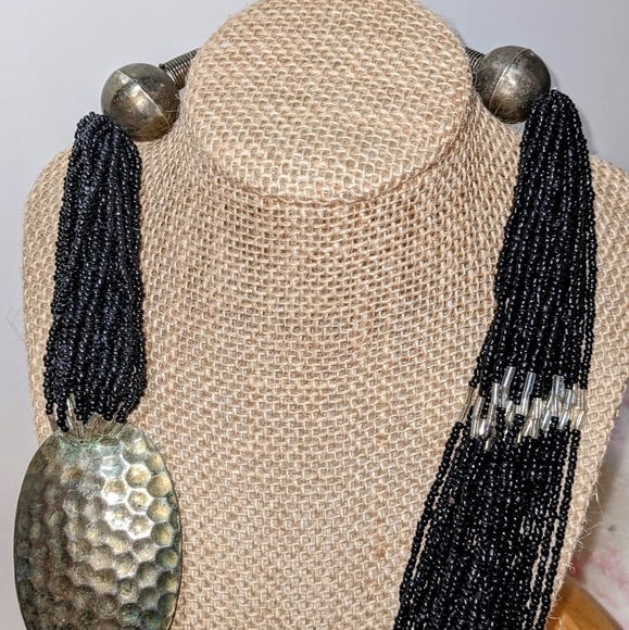 Vintage Layered Black Bead and Silver Statement Necklace - Picture 7 of 8